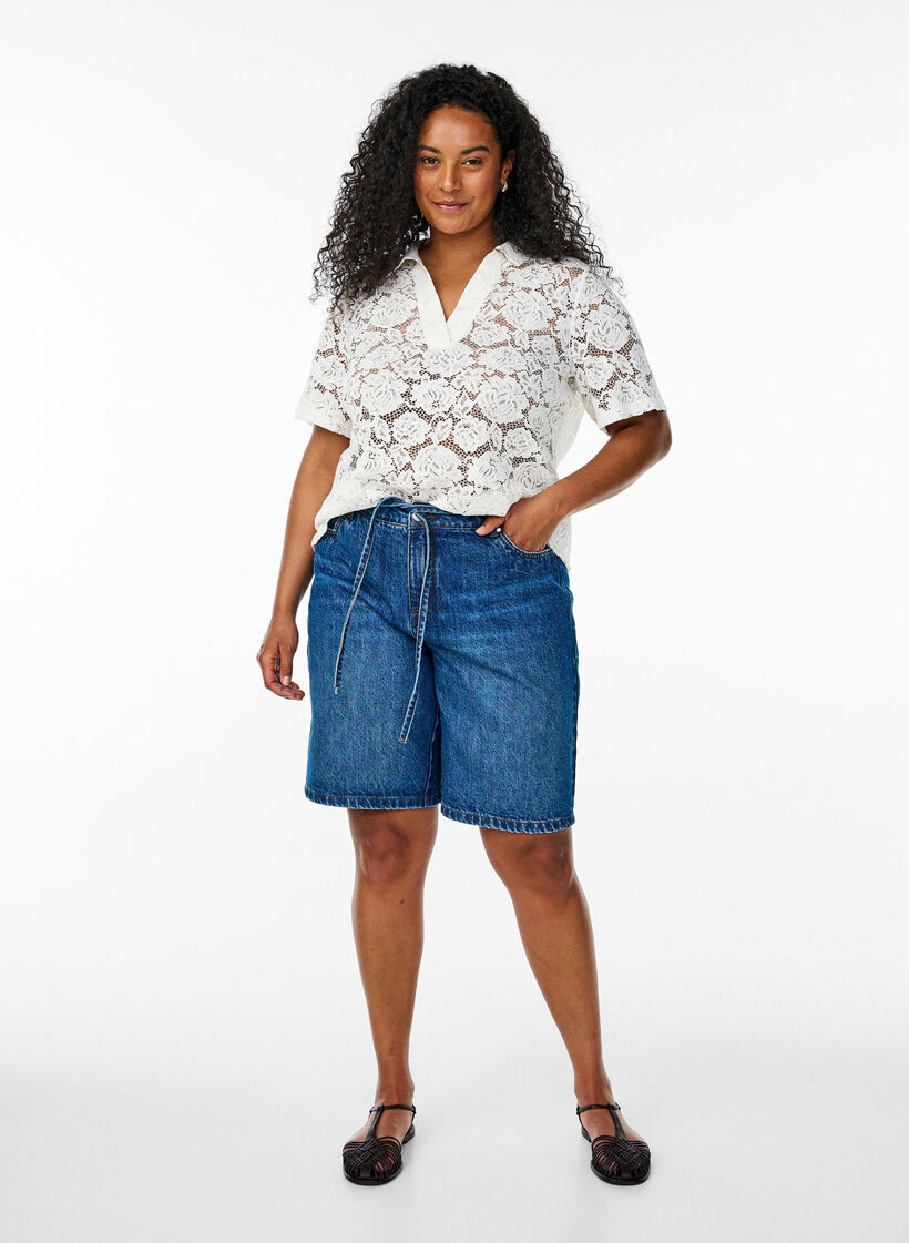 Kanten blouse met een kraag en V-hals, Cloud Dancer, Model
