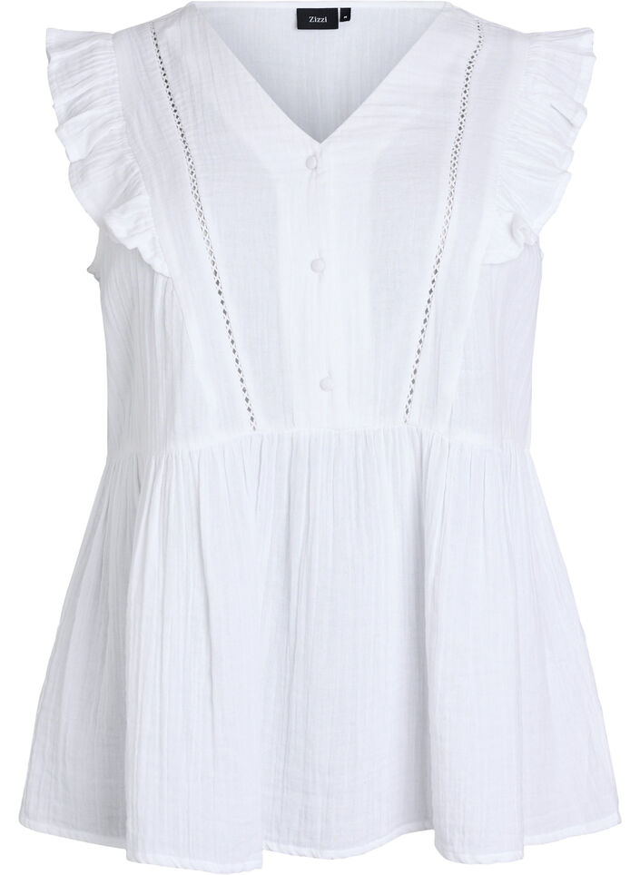 Mouwloze blouse van katoen mousseline met ruches, Wit, Packshot image number 0