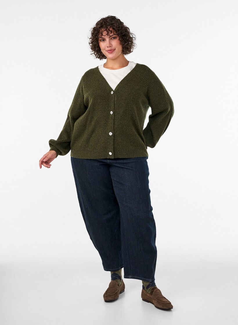 Vest met V-hals en ribstructuur, Groen, Model image number 1