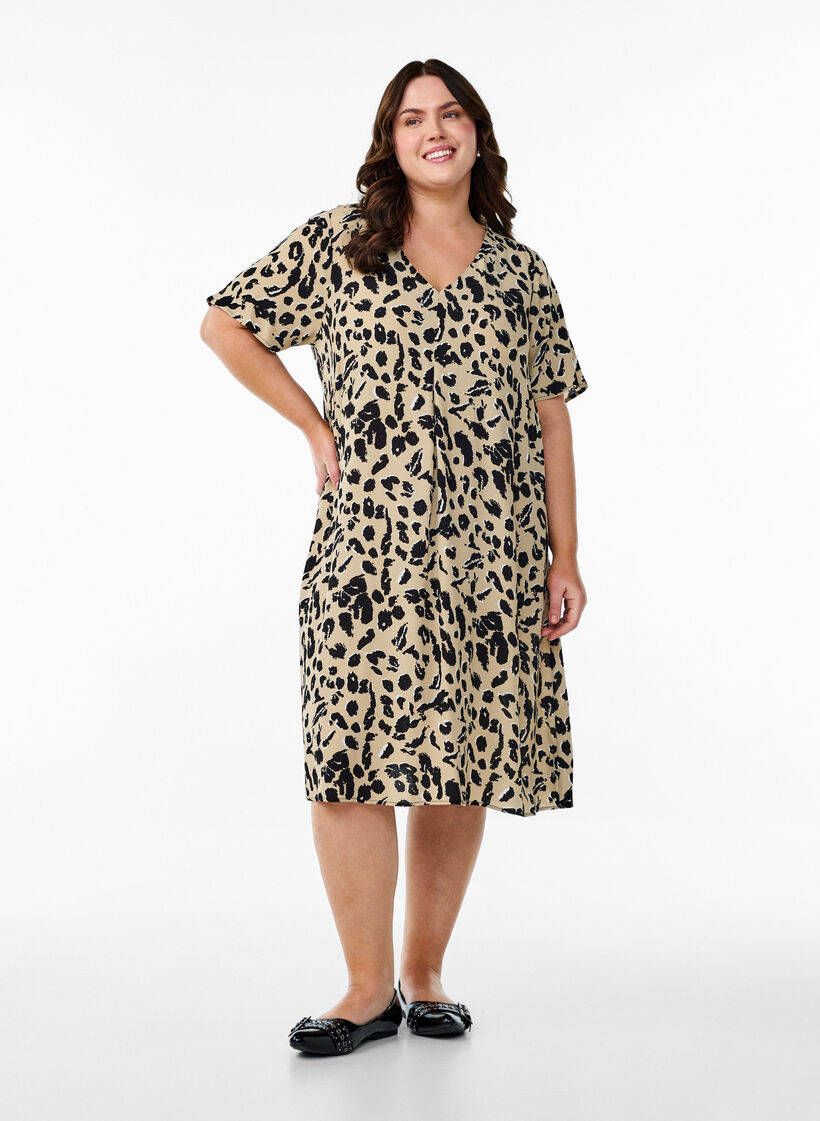 Viscose A-lijn jurk, Beige, Model image number 1