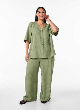 ZizziOverhemd blouse met V-hals en korte mouwen, Groen, Model image number 1