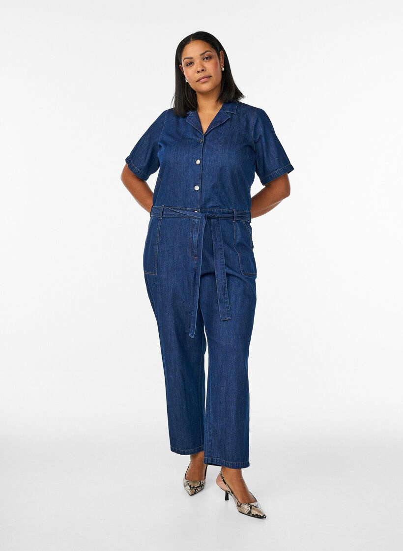 Denim jumpsuit met korte mouwen en een strikceintuur, Blauw, Model image number 0