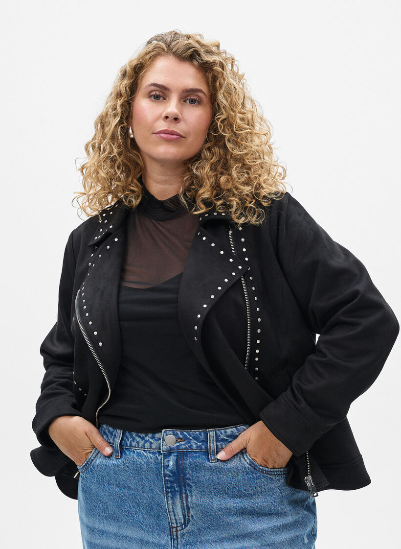 Imitatie suède bikerjack met studs, Black, Model