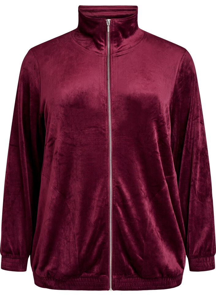 Velour cardigan met ritssluiting en hoge kraag, Donker Bordeaux, Packshot image number 0