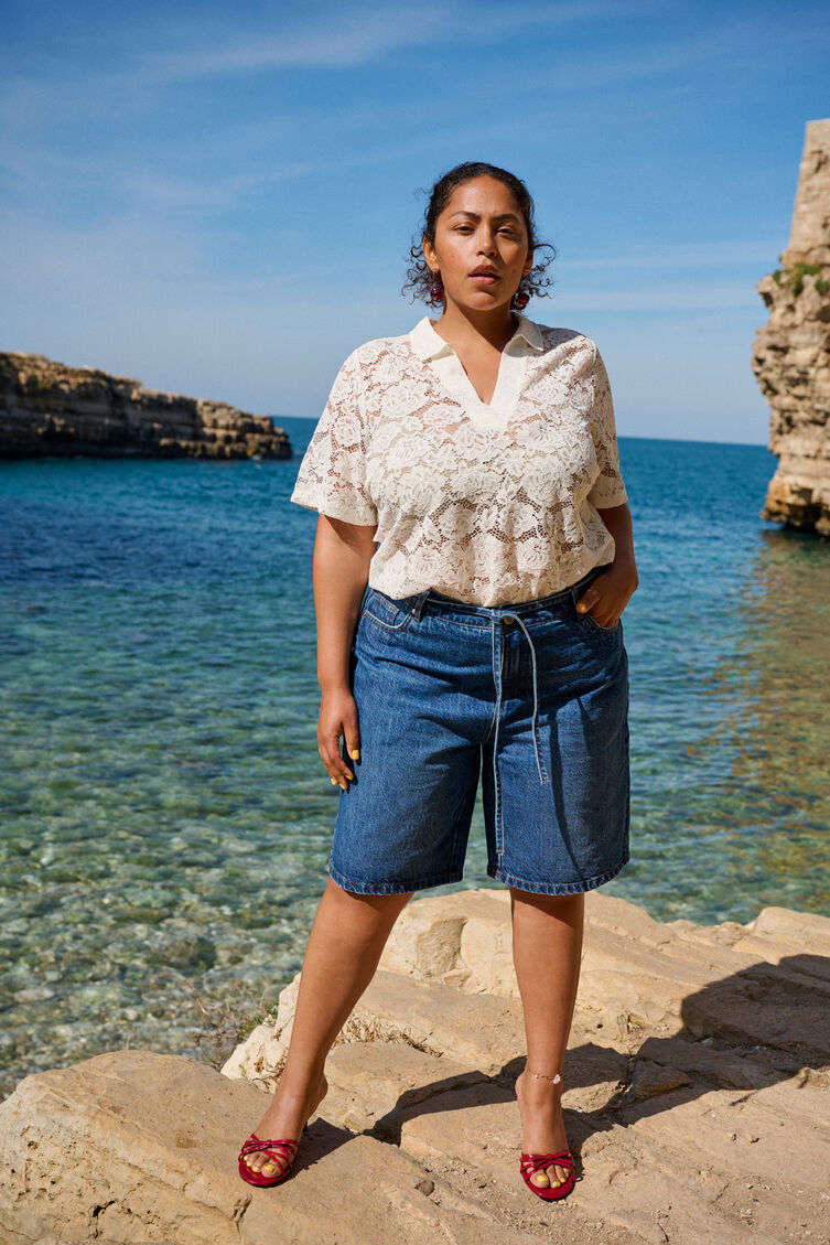 V-hals kanten blouse, , Model
