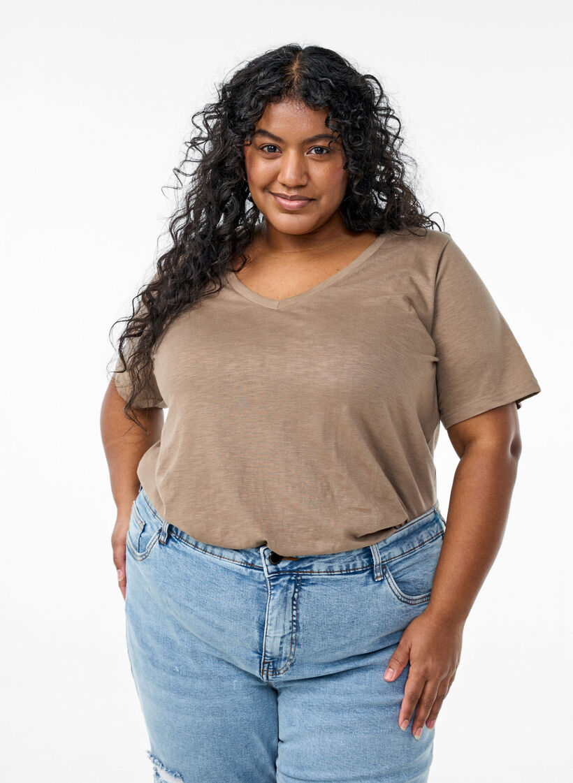 T-shirt basique &agrave; manches courtes avec col en V, Marron, Model image number 0