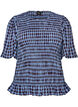Smockblouse met ginghamruit en rucherand, Blauw, Packshot image number 0