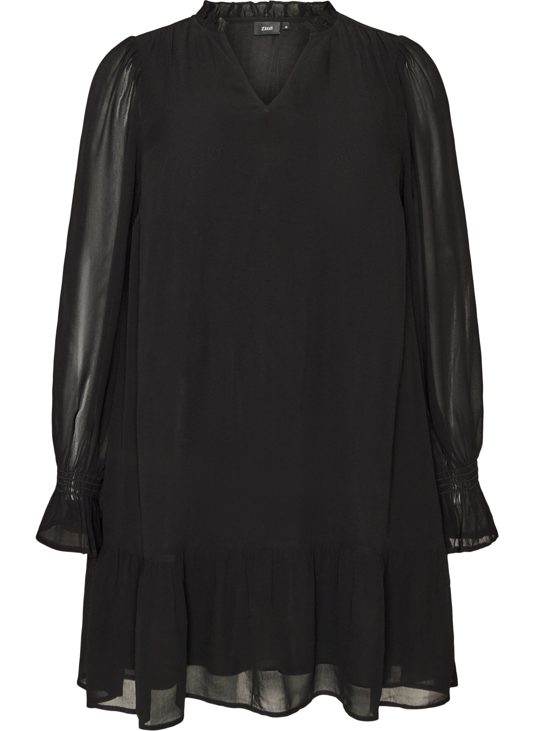 Viscose jurk met ruches en doorschijnende mouwen