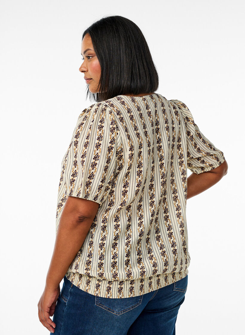 Gedrukte blouse met gesmokte zoom, Egret AOP, Model image number 1