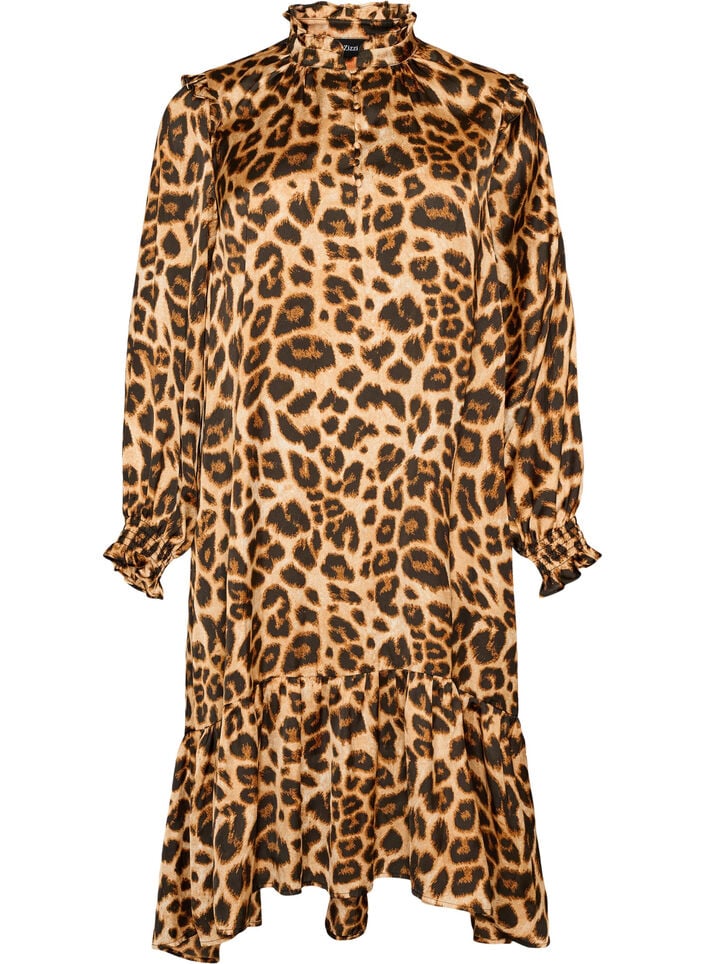 Jurk met luipaardprint en ruches, Bruin, Packshot image number 0