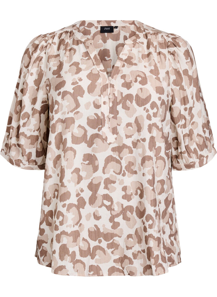 Blouse met luipaardprint en 1/2 mouwen, Wit, Packshot image number 0