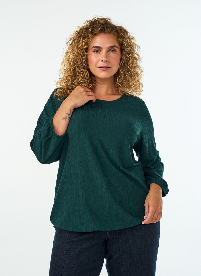 Blouse met textuur en 3/4 mouwen, Groen, Model image number 0