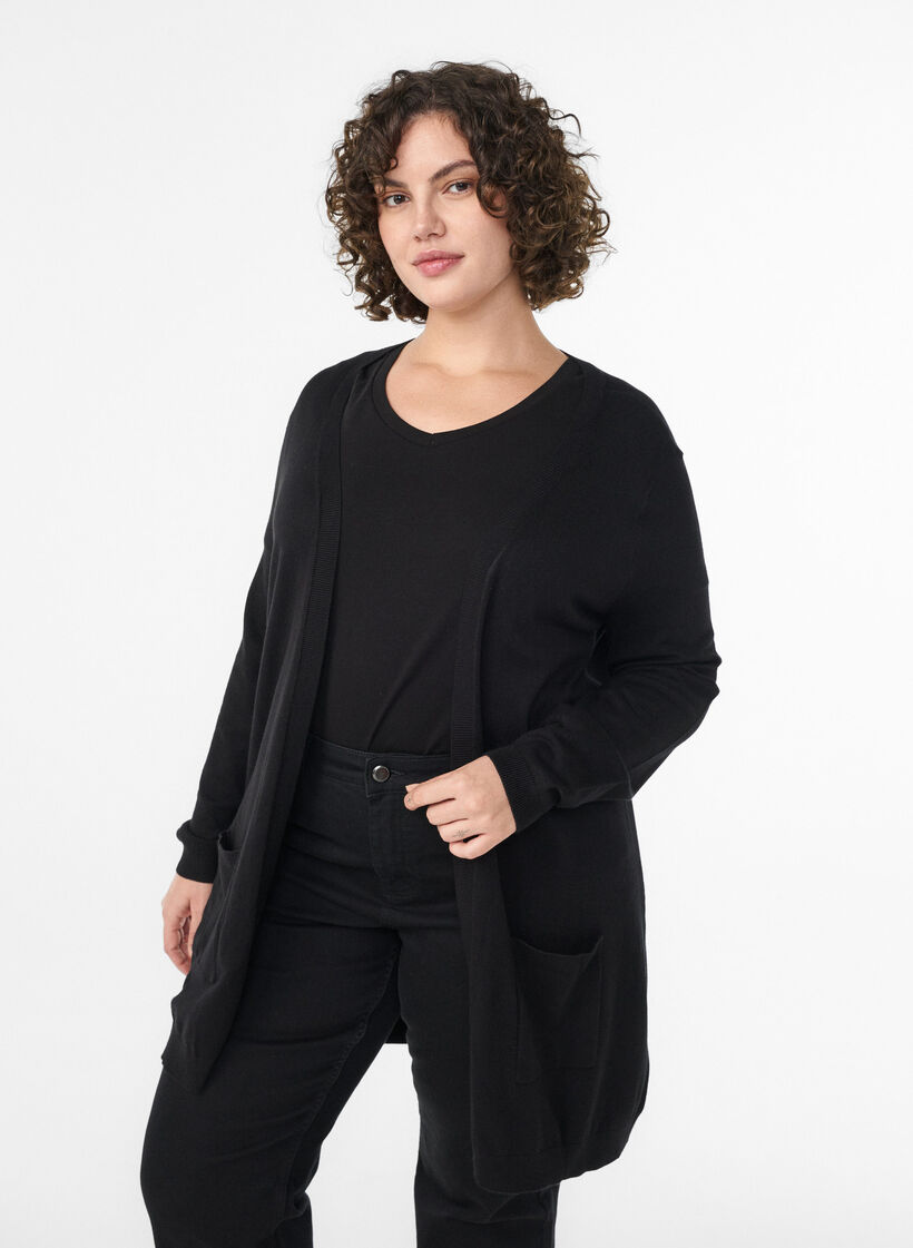 Long cardigan tricot&eacute; dans un m&eacute;lange de viscose, Noir, Model image number 0
