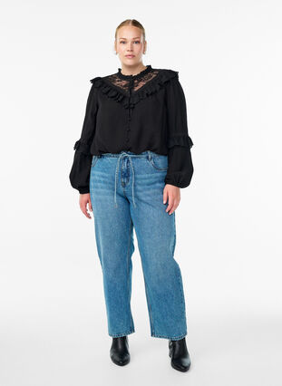 ZizziViscose blouse met kant en ruches, Black, Model image number 2