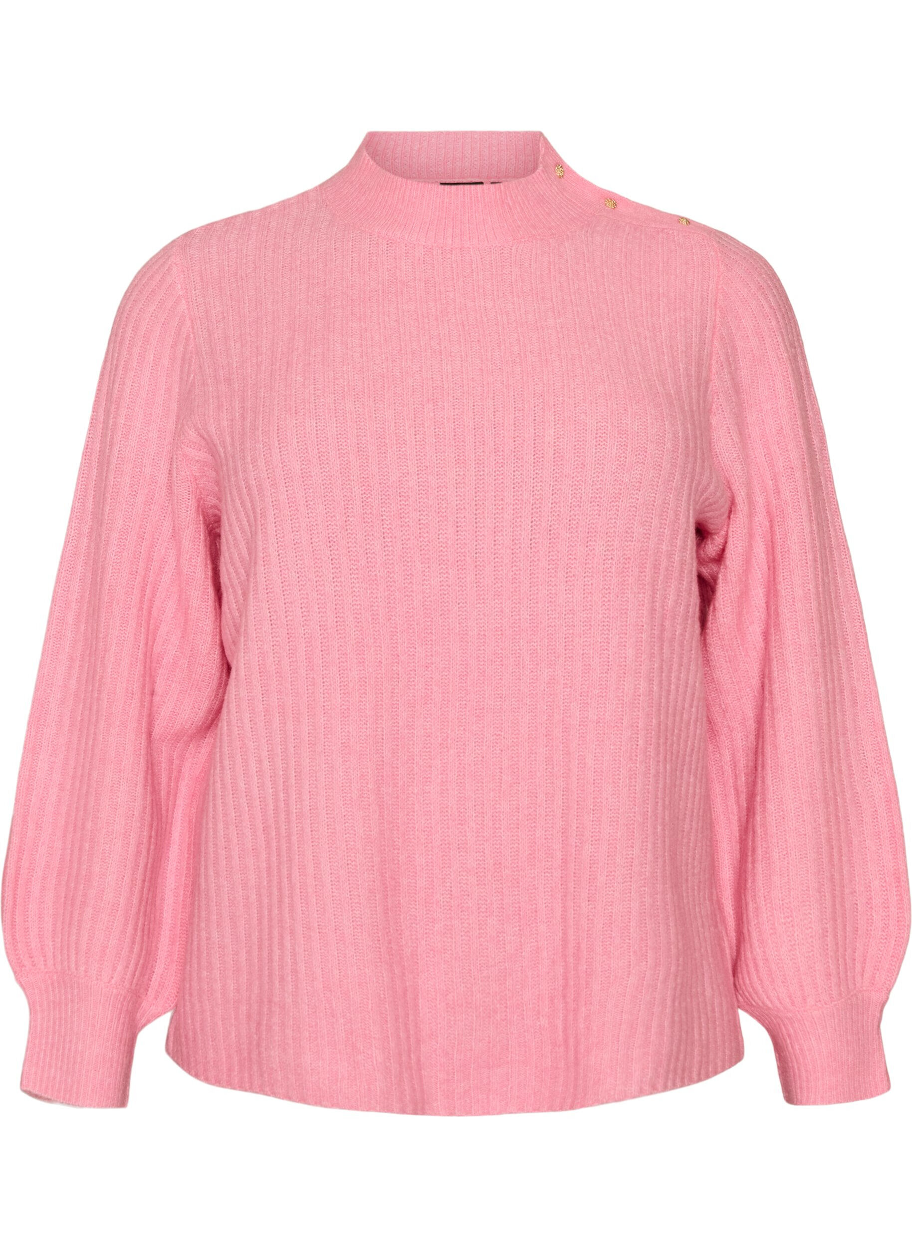 ZizziGeribde trui met pofmouwen en knopen, Roze, Packshot image number 0