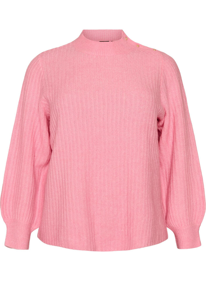 Geribde trui met pofmouwen en knopen, Roze, Packshot image number 0