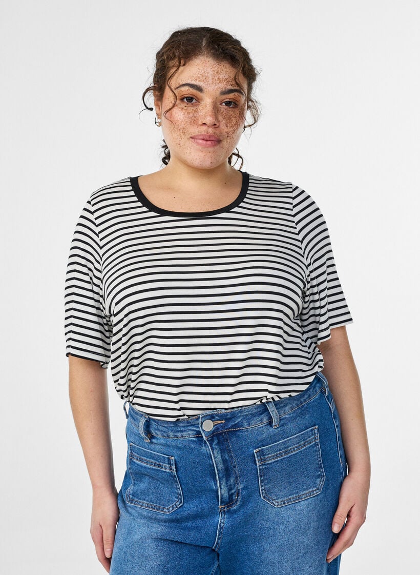 T-shirt met TENCEL™ Lyocell en strepen, Wit, Model image number 0