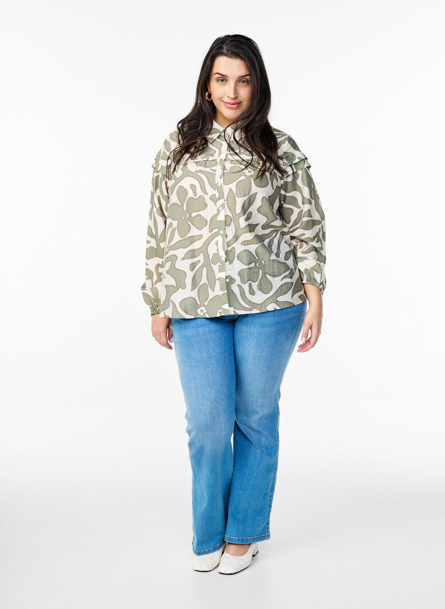 ZizziBedrukte shirt blouse met ruchesdetails, Groen, Model image number 1