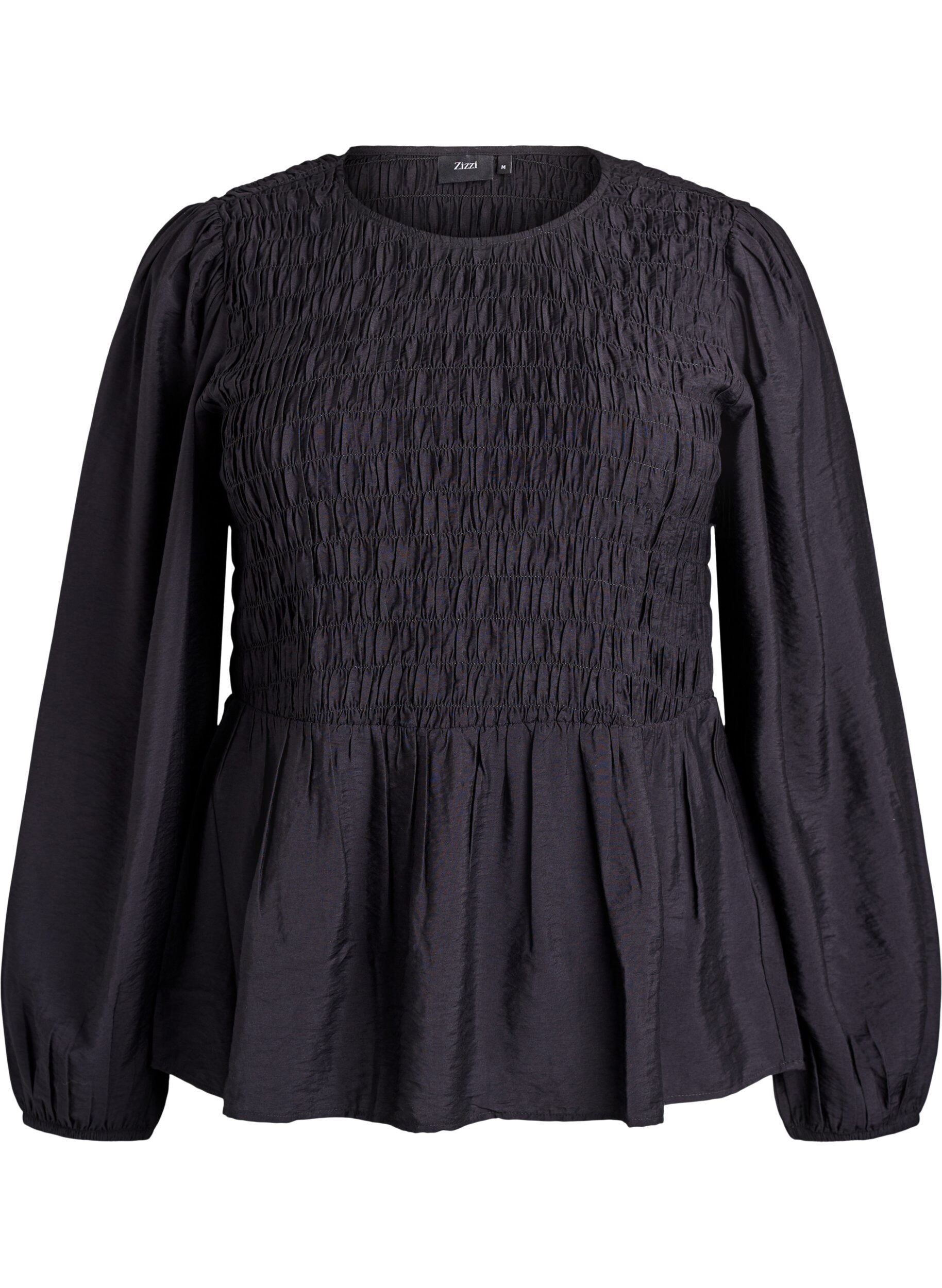 ZizziBlouse met smock en lange mouwen, Zwart, Packshot image number 0