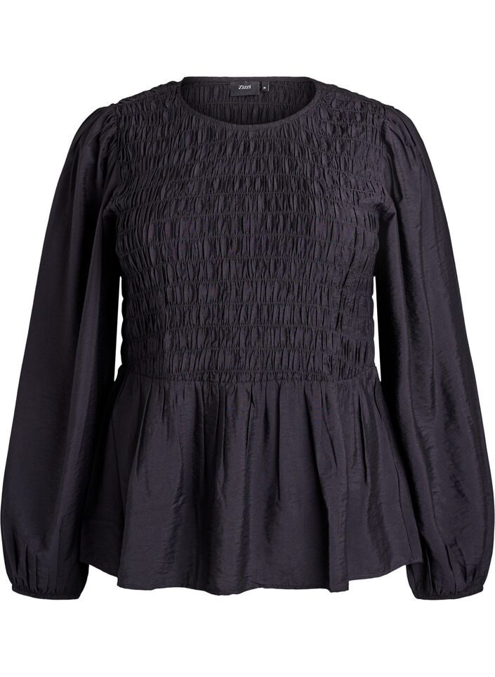 Blouse met smock en lange mouwen, Zwart, Packshot image number 0
