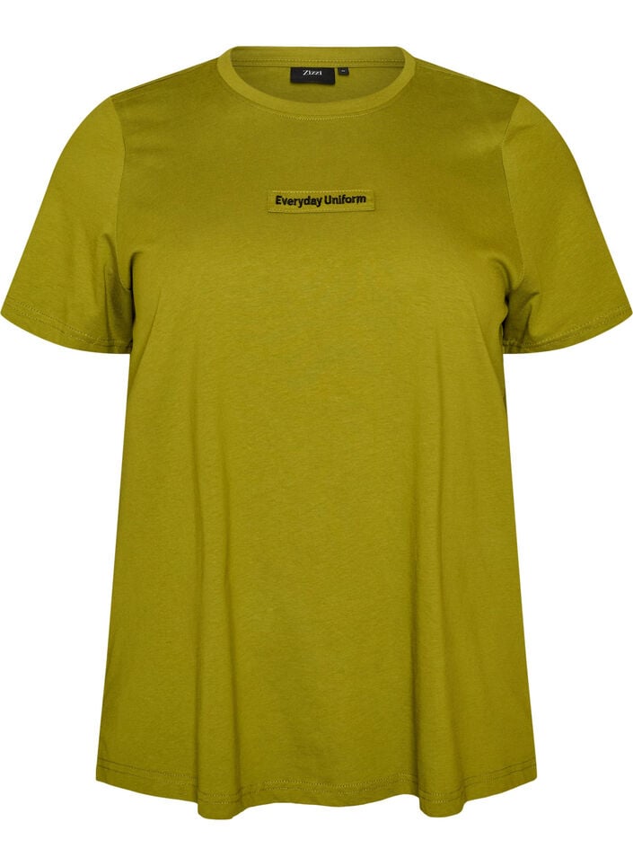 Katoenen T-shirt met tekstbadge, Groen, Packshot image number 0