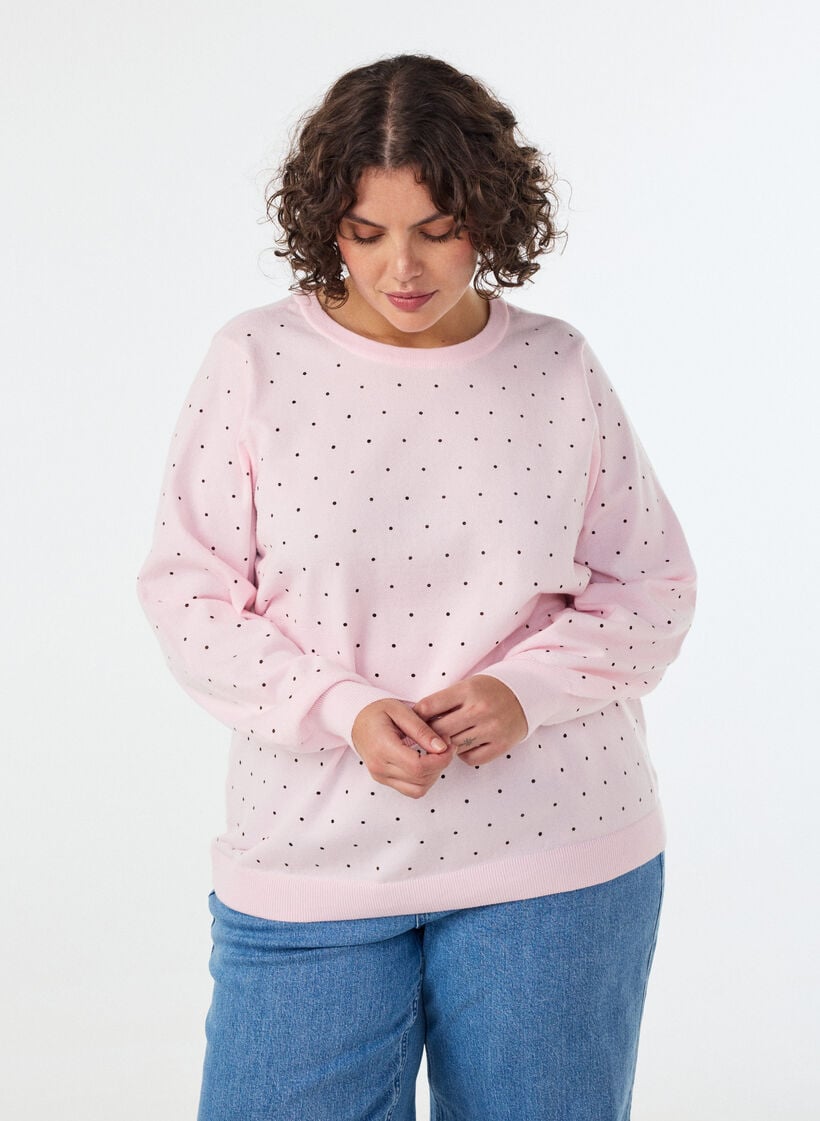 Gebreide blouse met kleine stippen, Roze, Model image number 0