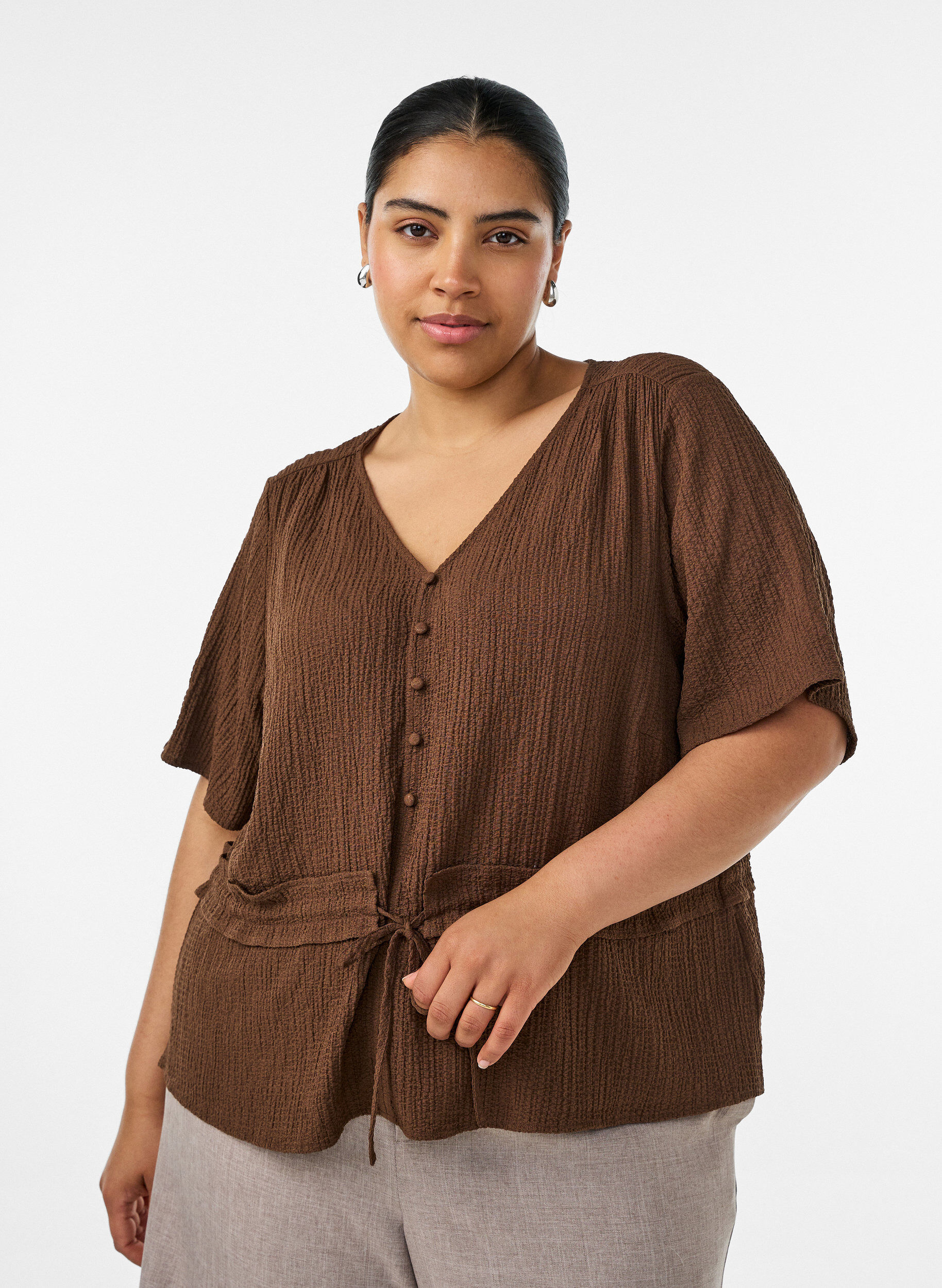 ZizziBlouse met textuur en een strik in de taille, Bruin, Model image number 0