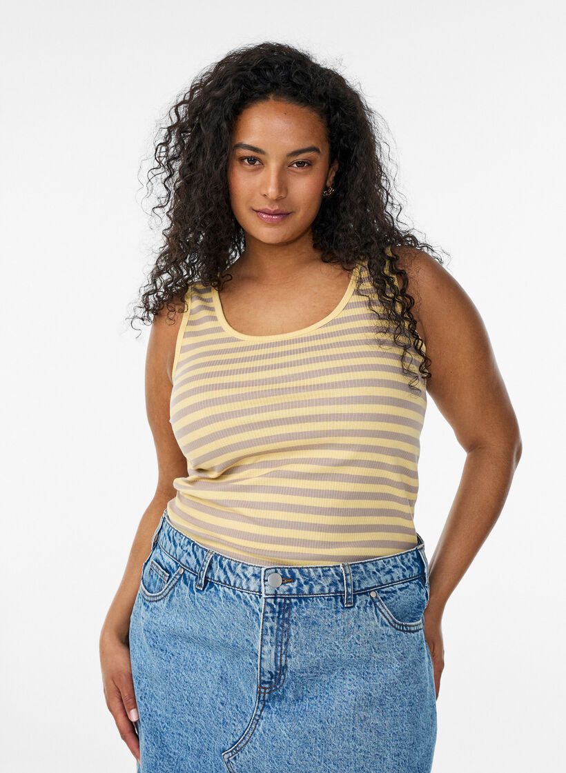 Gestreepte tanktop met een ribstructuur, Geel, Model image number 0