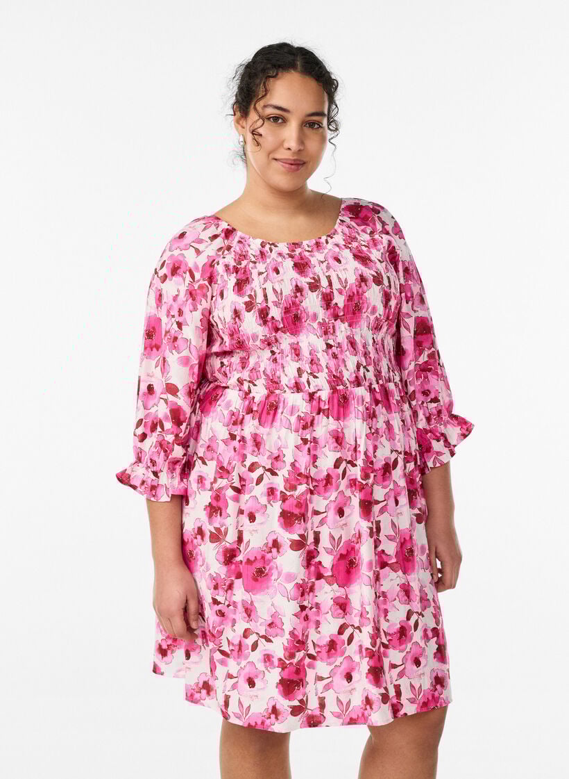 Robe smock&eacute;e &agrave; imprim&eacute; floral, Rose, Model image number 0