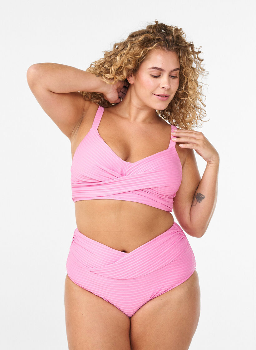 Bikinibroekje met hoge taille en gekruiste bandjes, Roze, Model image number 0