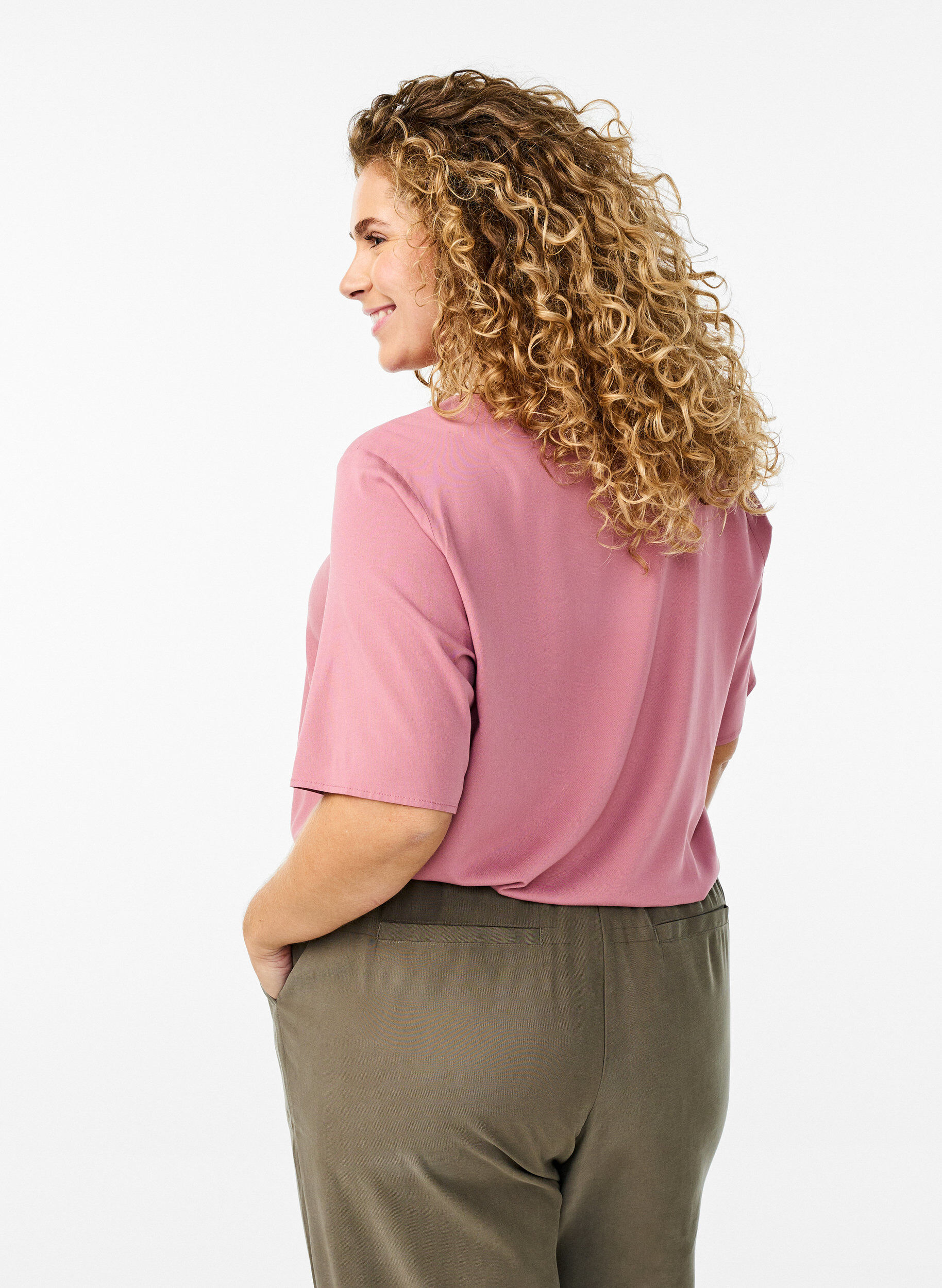 ZizziGeweven blouse met korte mouwen en ronde hals, Roze, Model image number 2