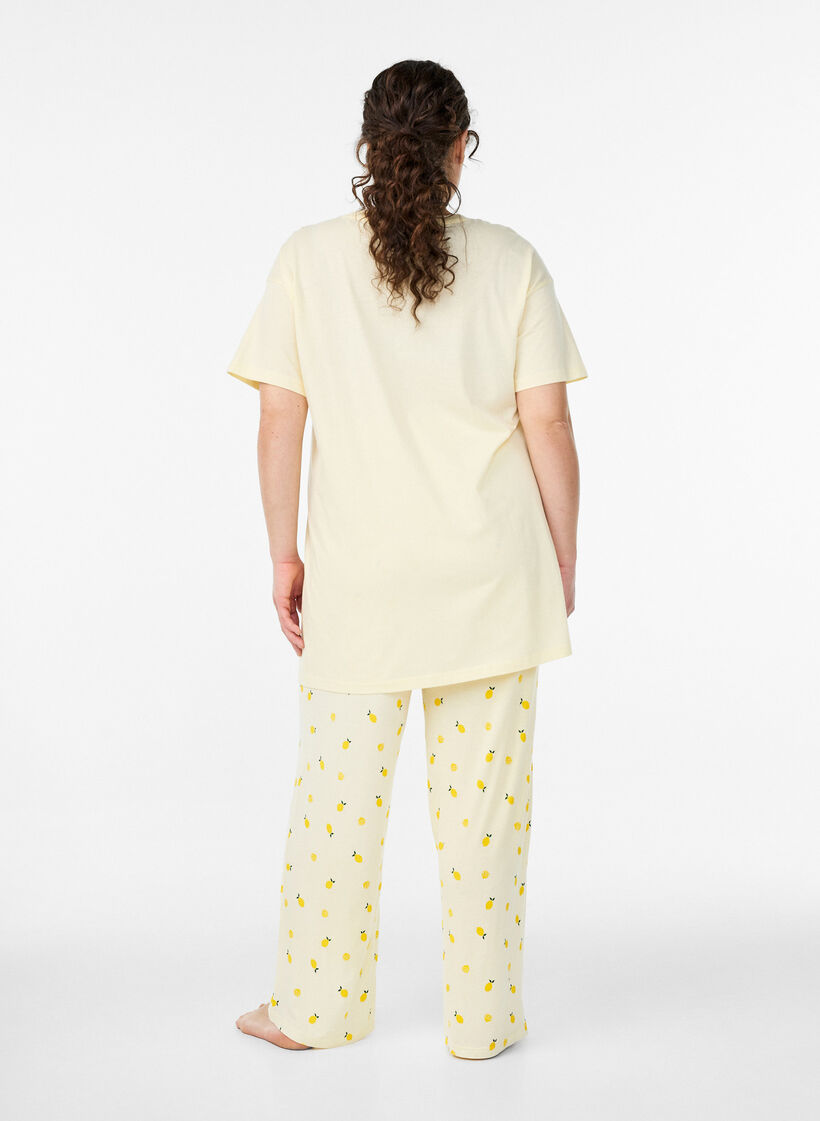 Pyjamabroek in zachte jersey met hoge taille en fruitprint, Geel, Model image number 1