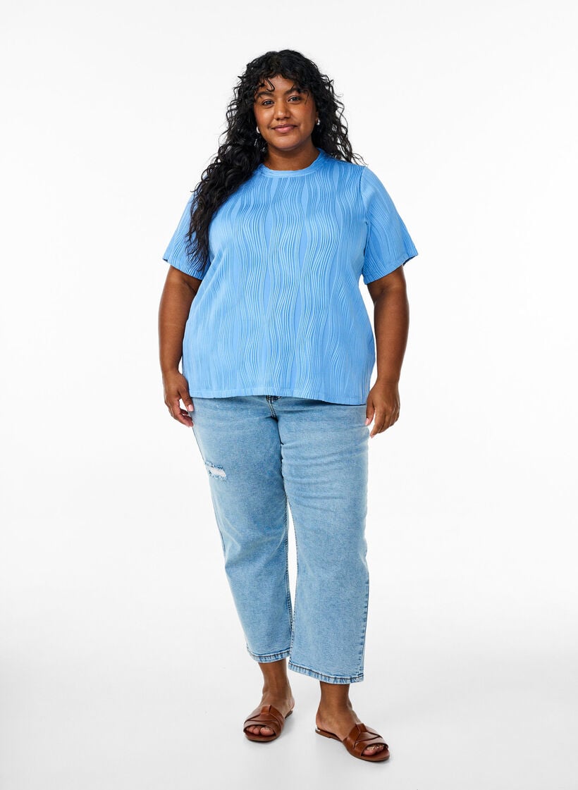 Blouse met korte mouwen en een golvende textuur, Blauw, Model image number 1