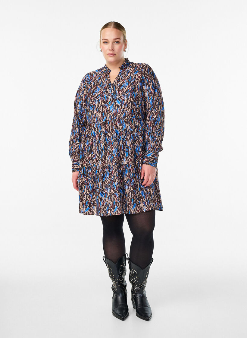 A-lijn jurk met rucheskraag, Blauw, Model image number 1