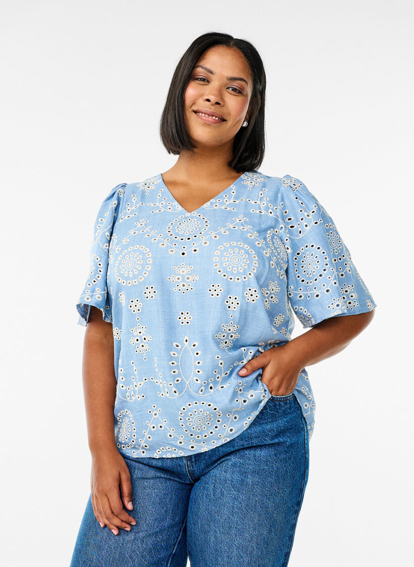 Blouse met broderie anglaise en korte pofmouwen, Blauw, Model image number 0