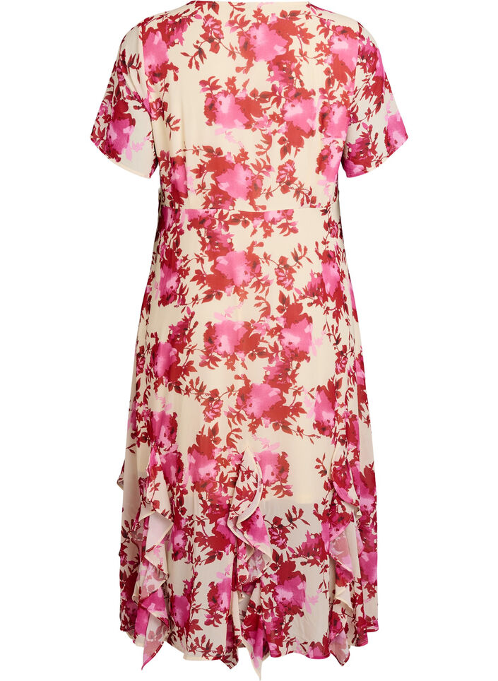 Bloemenprint chiffon jurk met ruches en een V-hals, Roze, Packshot image number 1