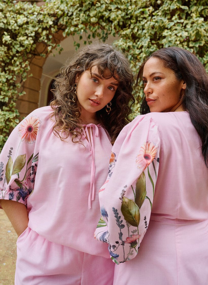 Blouse avec lien &agrave; nouer et manches &agrave; imprim&eacute; fleuri, Rose, Image