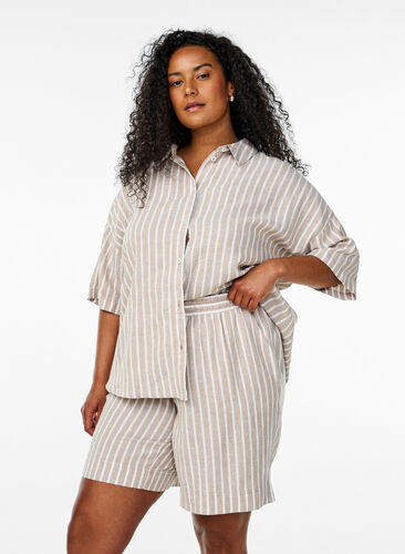 ZizziGestreepte korte broek van linnen en viscose, Beige, Model image number 0