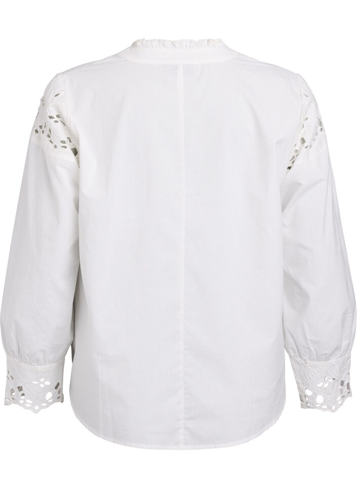 Blouse met V-hals en broderie anglaise details, Wit, Packshot