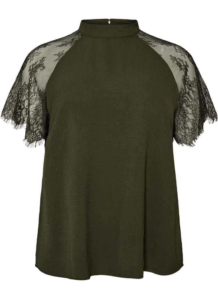 Blouse met korte kanten mouwen en hoge hals, Groen, Packshot image number 0