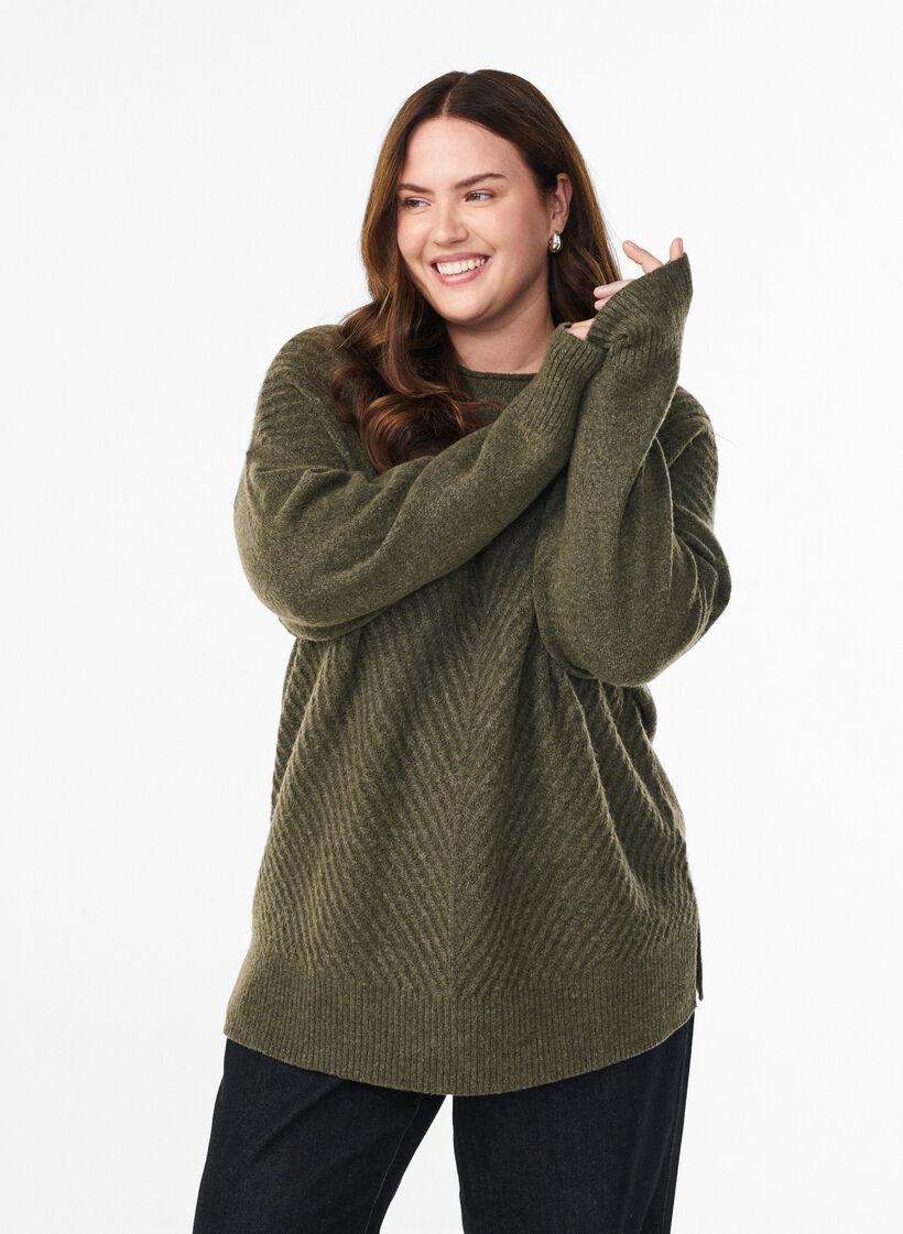 Gebreide blouse met V-vormig geribd patroon en zijsplitjes, Groen, Model image number 0