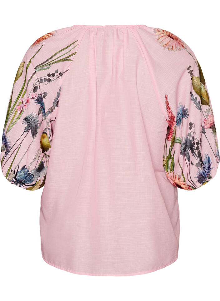 Blouse met bloemenprint mouwen en strikdetail, Roze, Packshot