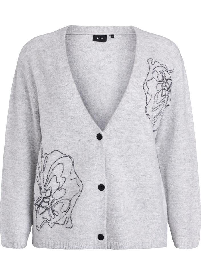 Cardigan met V-hals en geborduurde bloemen, Grijs, Packshot image number 0