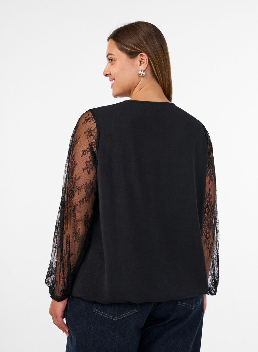 Blouse met kanten mouwen en ballonvorm, Zwart, Model image number 2
