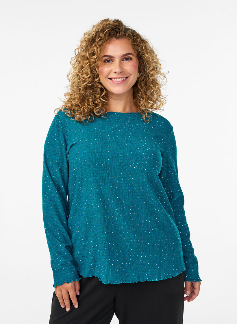 Blouse met lange mouwen en strassstenen, Blauw, Model image number 0
