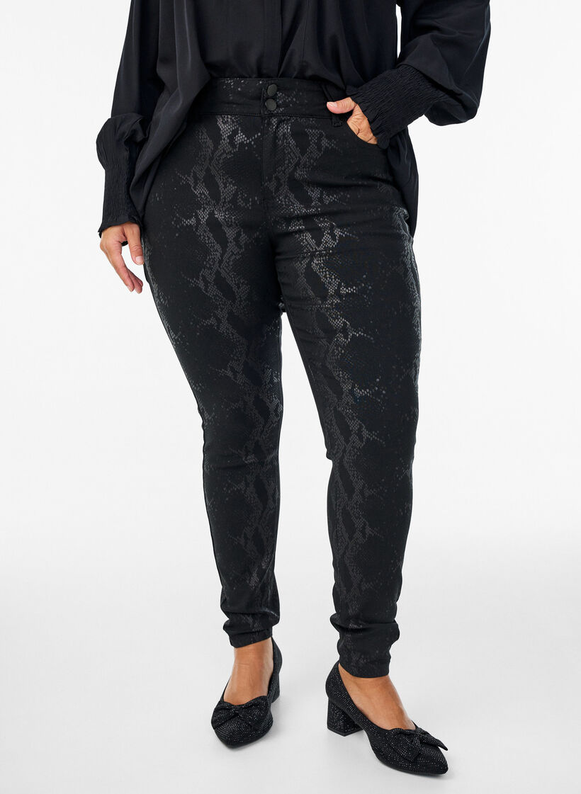 Strakke pasvorm broek met slangenpatroon, Zwart, Model image number 2
