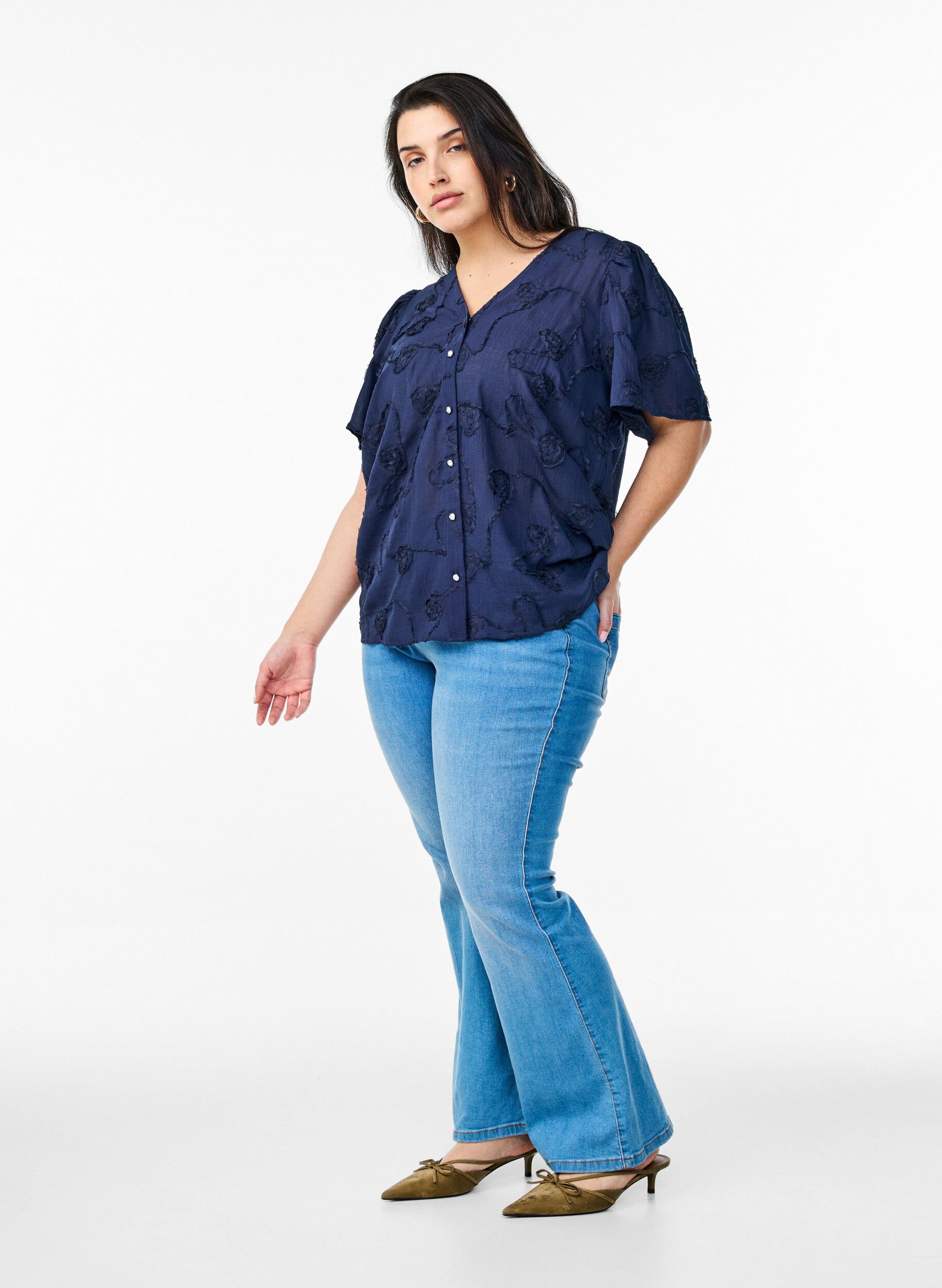 ZizziBlouse met korte mouwen met een 3D-bloemeneffect, Blauw, Model image number 1