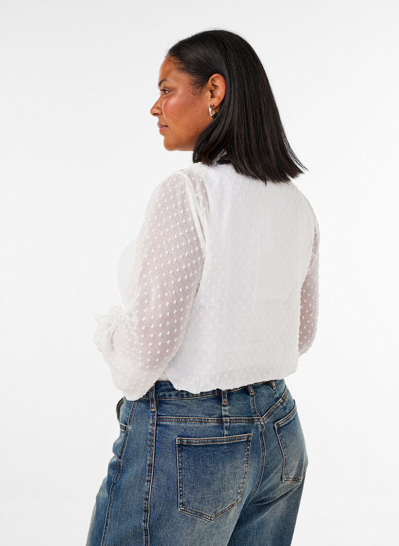 Overhemdblouse met kanten inzet en stippenpatroon, Vanille, Model image number 2