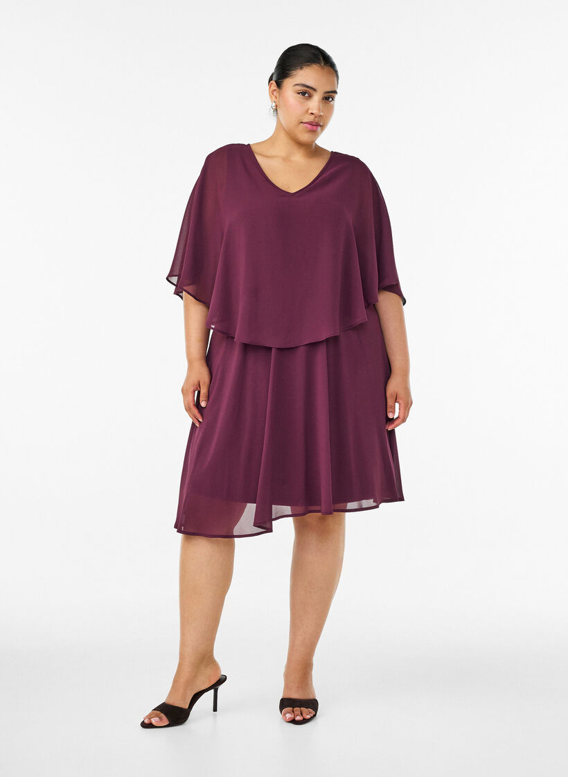 Korte chiffon feestjurk met gelaagd effect, Rood, Model image number 1