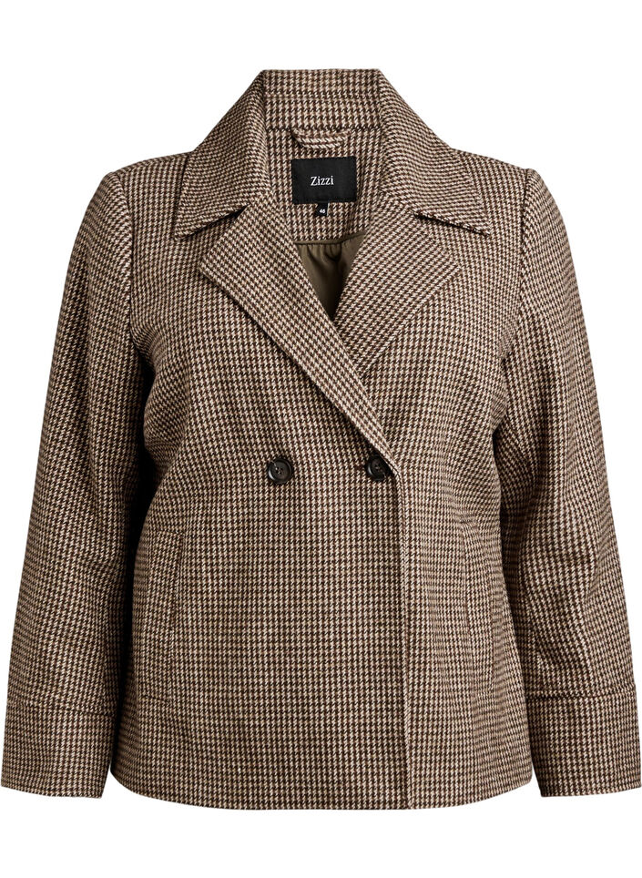 Korte blazer met dubbele rij knopen, Brown Check , Packshot